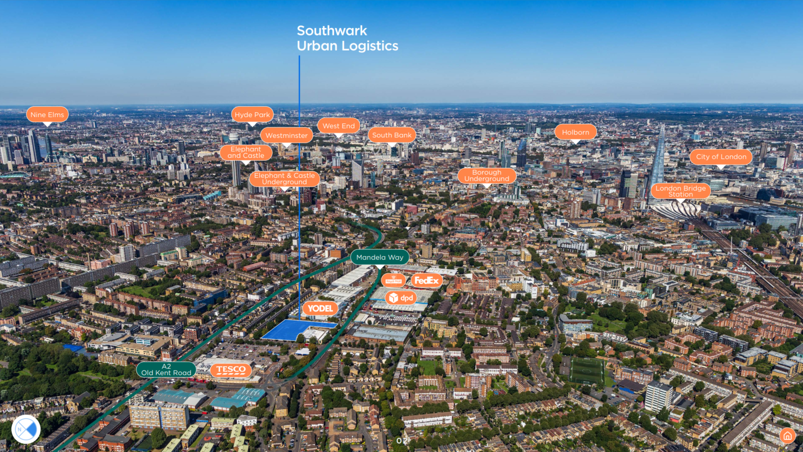 Aerial image of southwark urban logistics in context of local area.